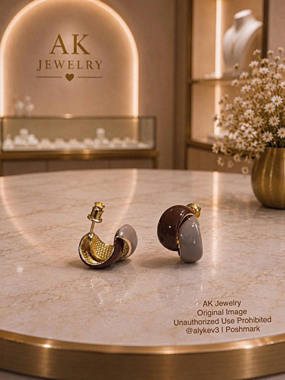 💎 Luxury Sculptural Two-Tone Enamel Hoop Earrings – Mocha & Taupe | AK Jewelry™